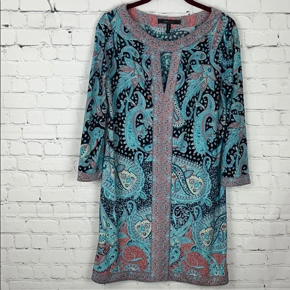 BCBG Maxazria AVILA Small Paisley Mini Shift Dress Tunic Style Turquoise